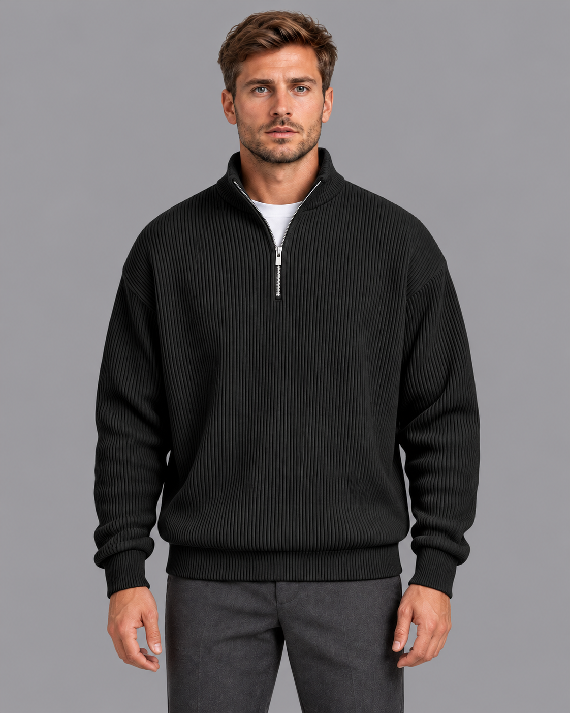 Men's Quarter Zip Jumper - Ribbed Knit Stand Collar Relaxed Fit
