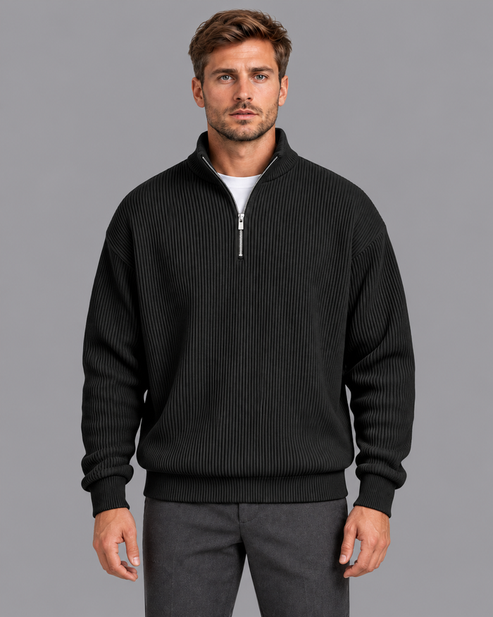 Men's Quarter Zip Jumper - Ribbed Knit Stand Collar Relaxed Fit