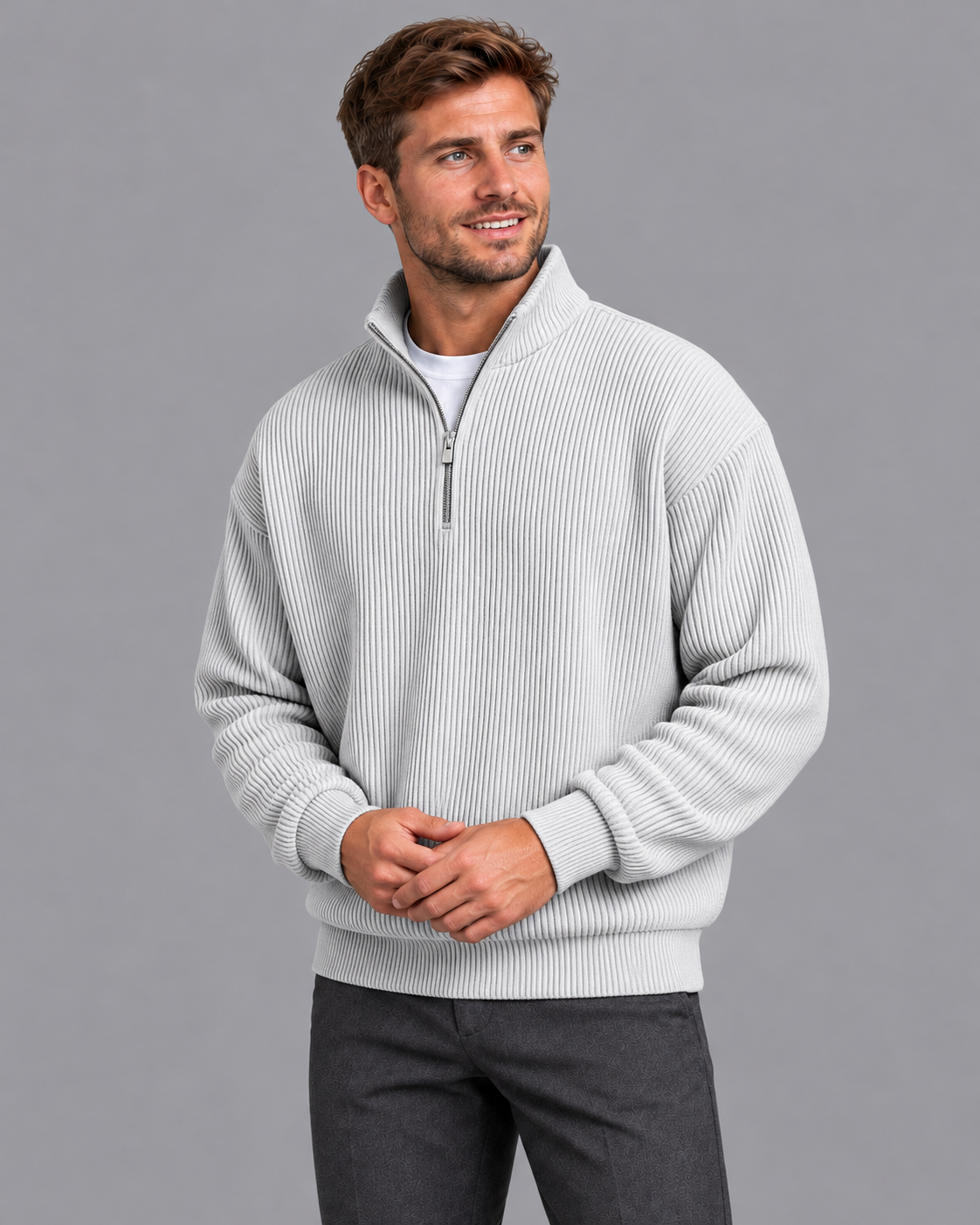 Men's Quarter Zip Jumper - Ribbed Knit Stand Collar Relaxed Fit