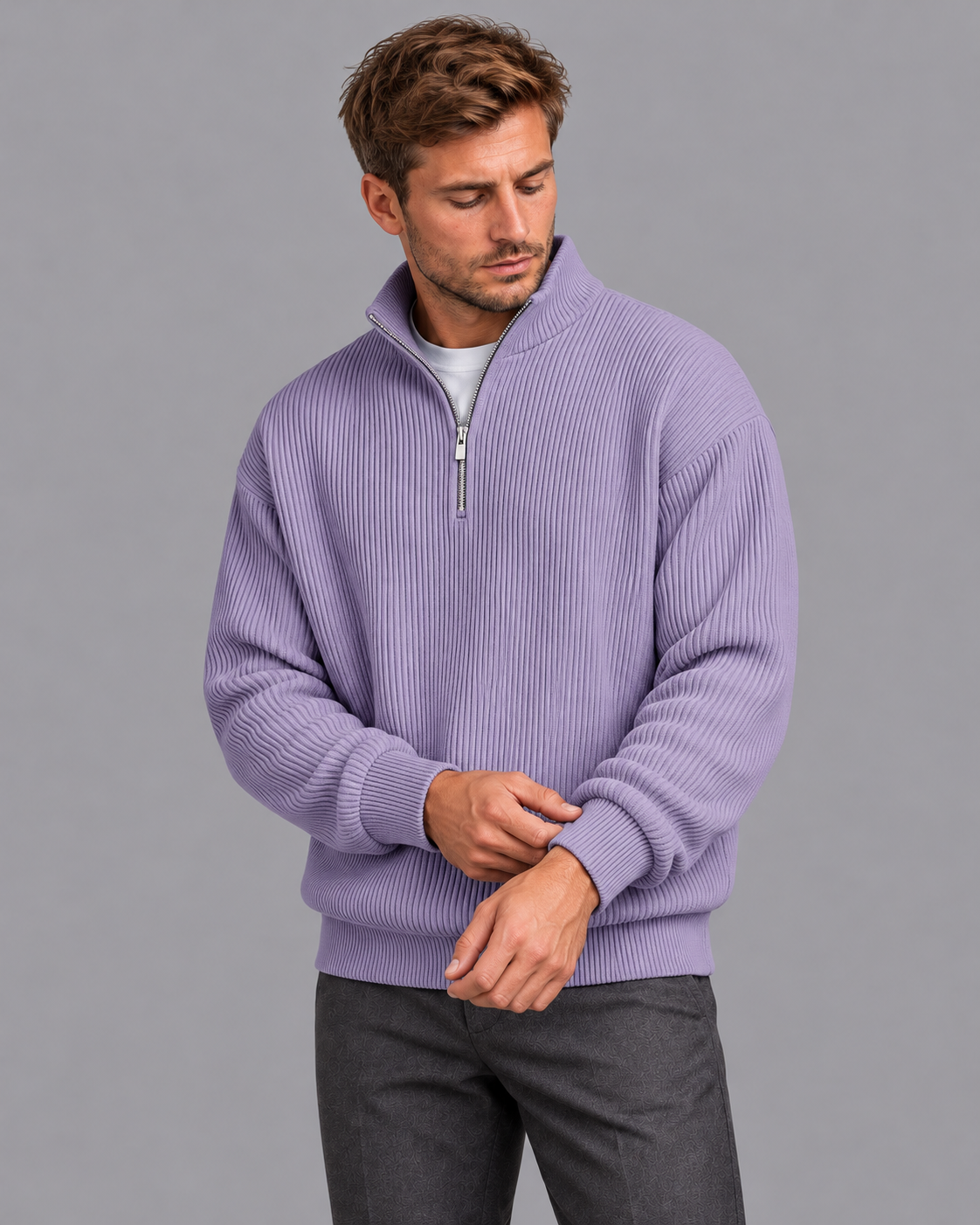 Men's Quarter Zip Jumper - Ribbed Knit Stand Collar Relaxed Fit