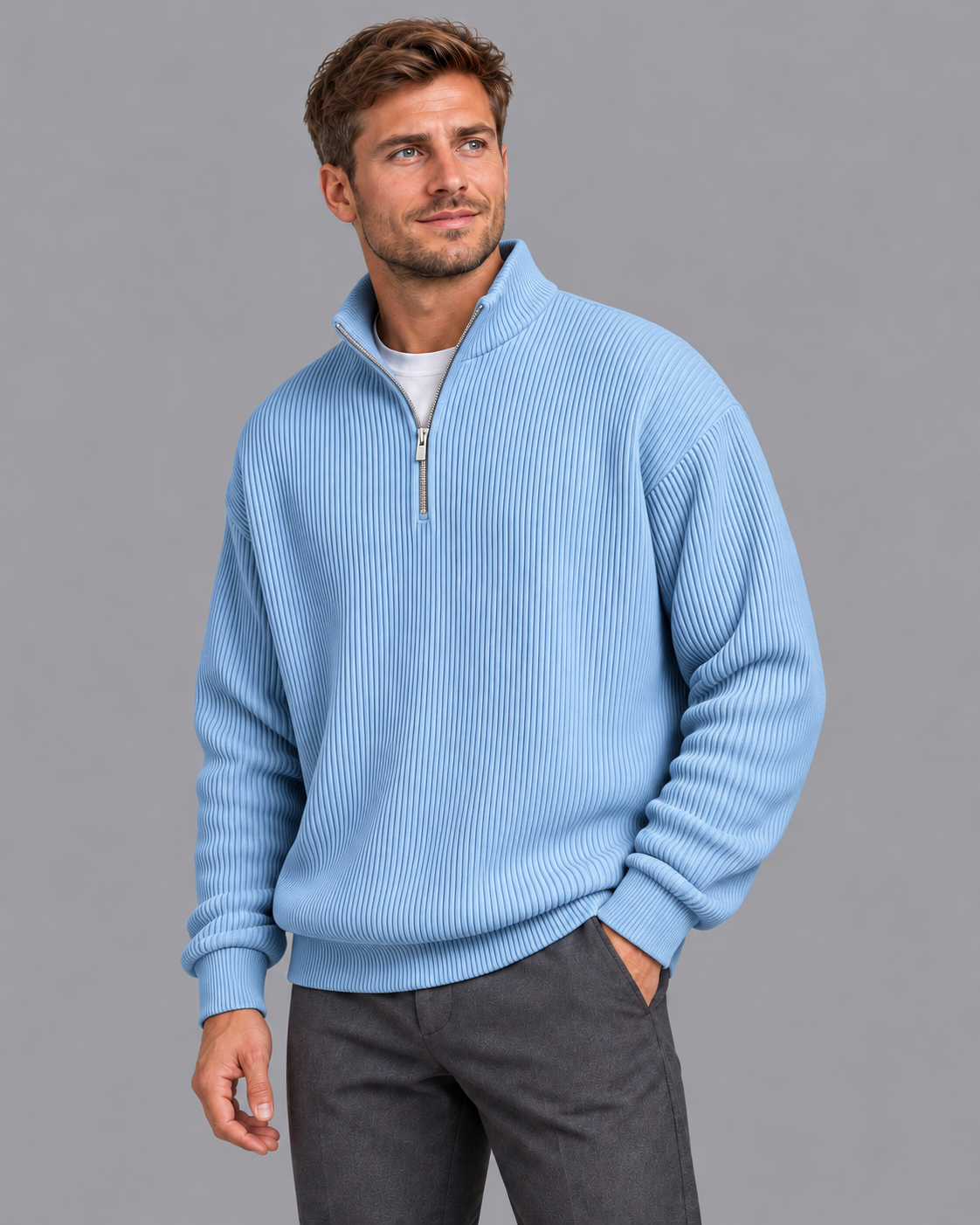 Men's Quarter Zip Jumper - Ribbed Knit Stand Collar Relaxed Fit