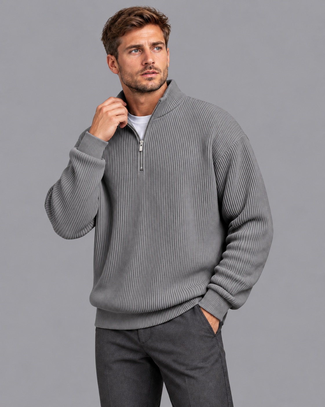 Men's Quarter Zip Jumper - Ribbed Knit Stand Collar Relaxed Fit