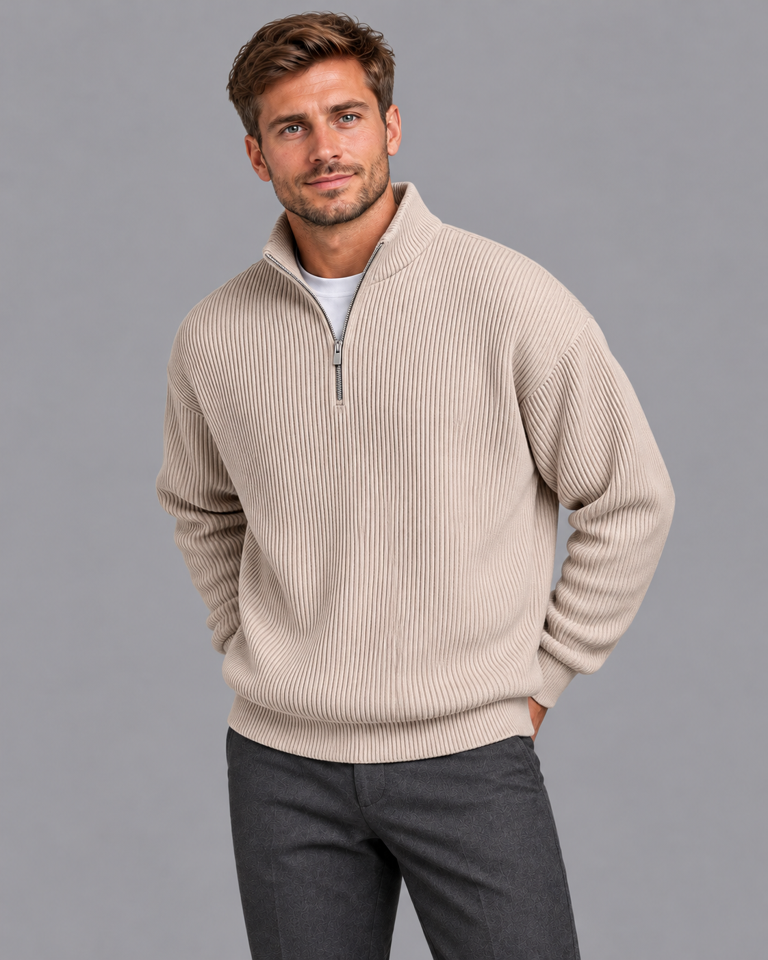 Men's Quarter Zip Jumper - Ribbed Knit Stand Collar Relaxed Fit