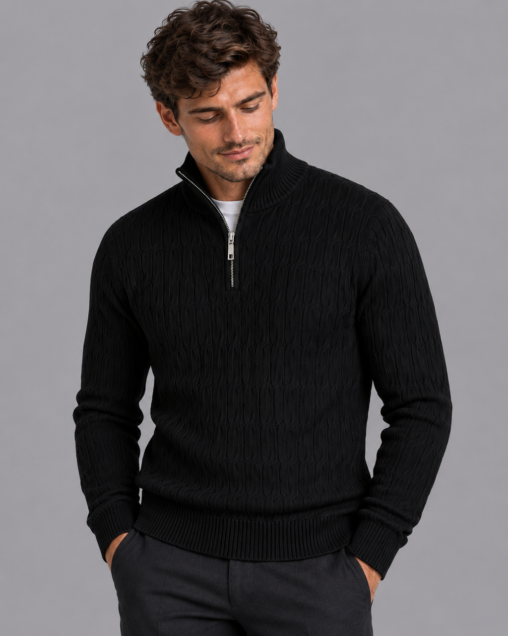 Men's Quarter Zip Jumper - Textured Funnel Neck Ribbed Knit