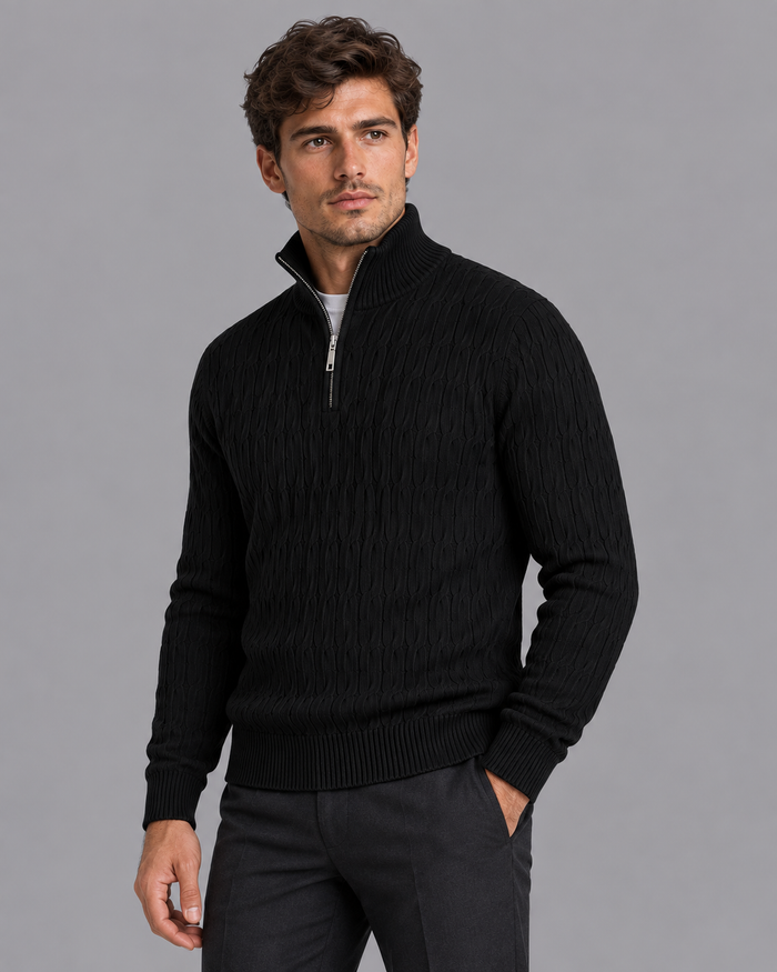 Men's Quarter Zip Jumper - Textured Funnel Neck Ribbed Knit