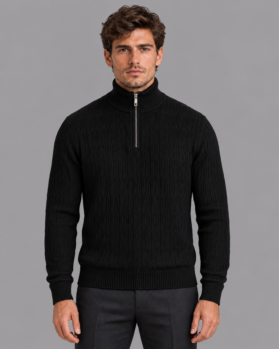 Men's Quarter Zip Jumper - Textured Funnel Neck Ribbed Knit