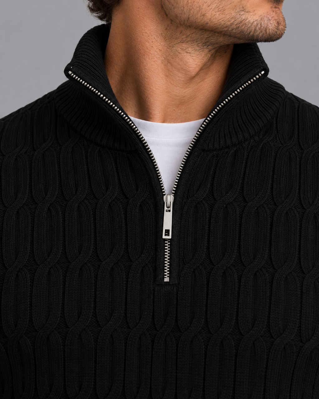 Men's Quarter Zip Jumper - Textured Funnel Neck Ribbed Knit