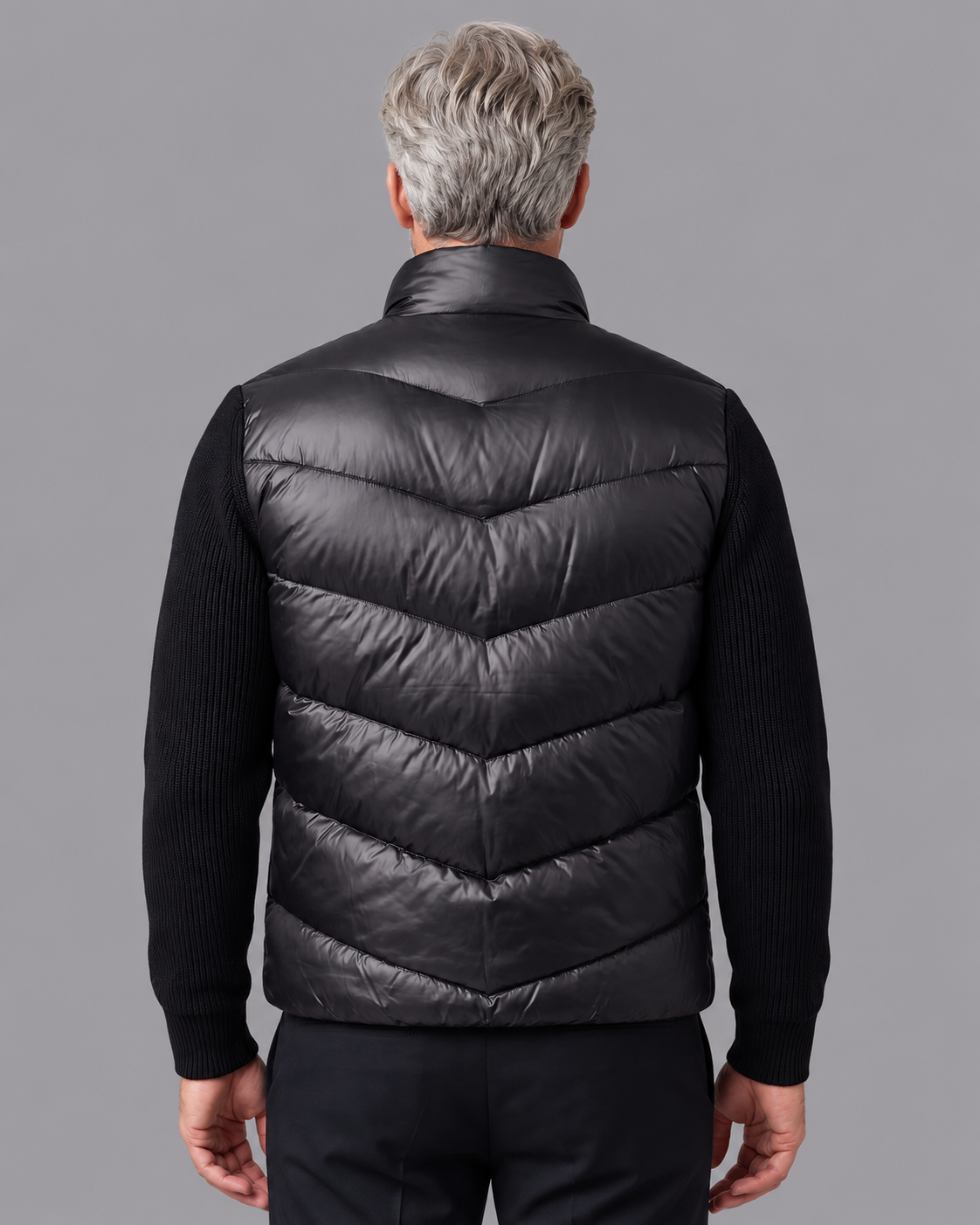Men's Quilted Jacket - Hybrid Knit Sleeves Stand Collar Full Zip