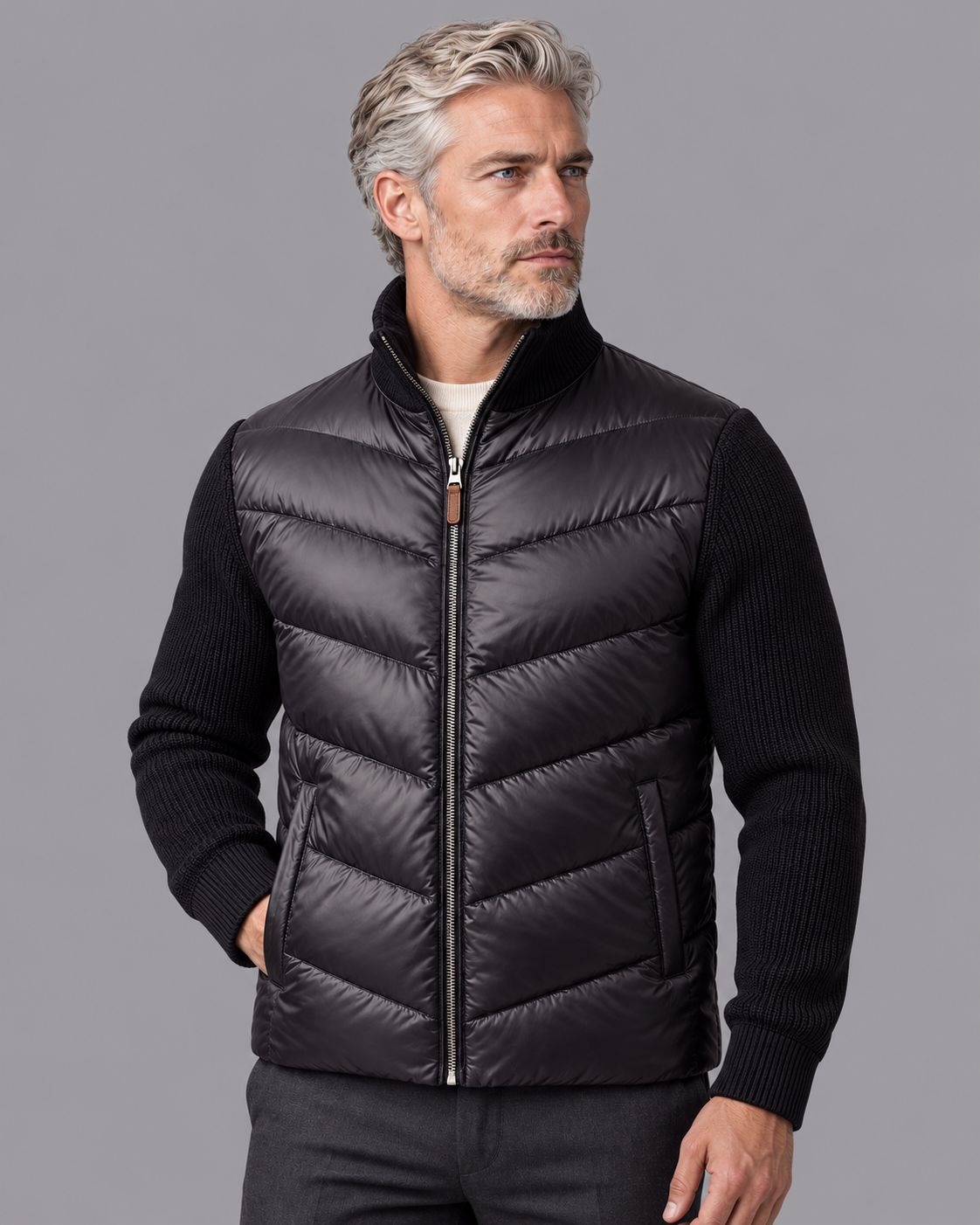 Men's Quilted Jacket - Hybrid Knit Sleeves Stand Collar Full Zip