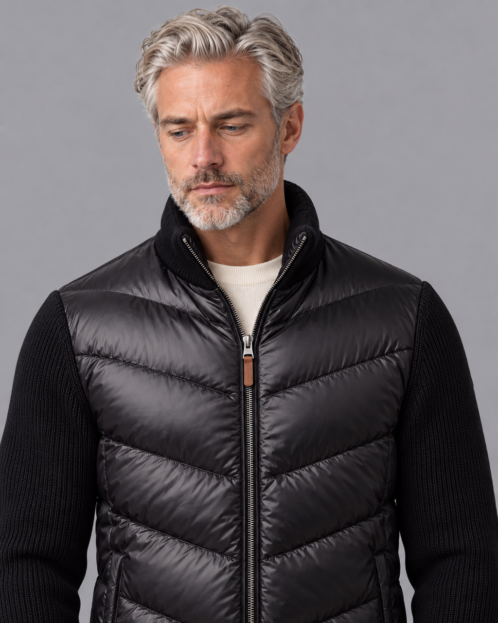 Men's Quilted Jacket - Hybrid Knit Sleeves Stand Collar Full Zip