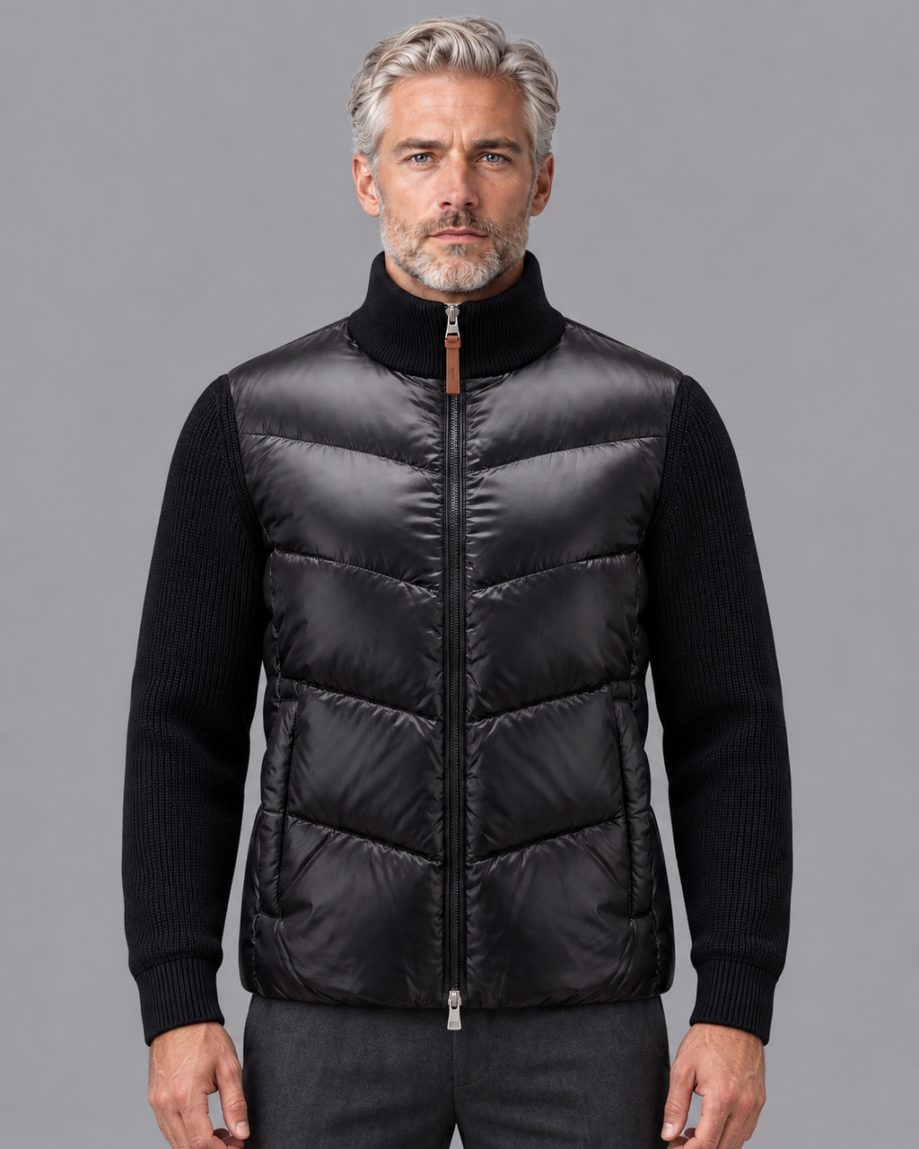 Men's Quilted Jacket - Hybrid Knit Sleeves Stand Collar Full Zip