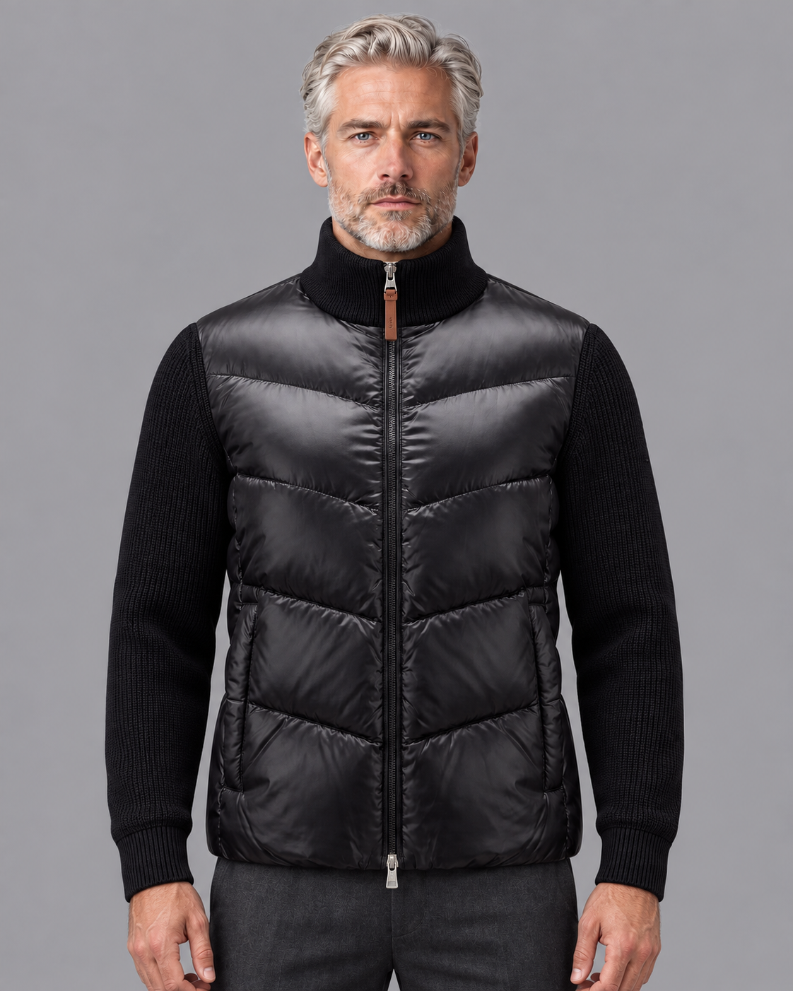 Men's Quilted Jacket - Hybrid Knit Sleeves Stand Collar Full Zip