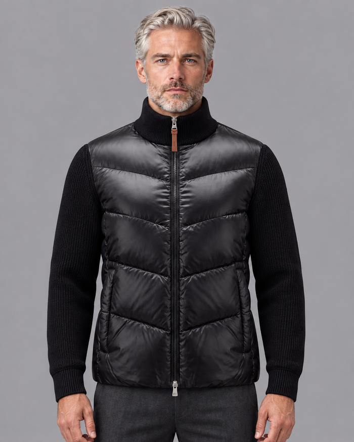 Men's Quilted Jacket - Hybrid Knit Sleeves Stand Collar Full Zip