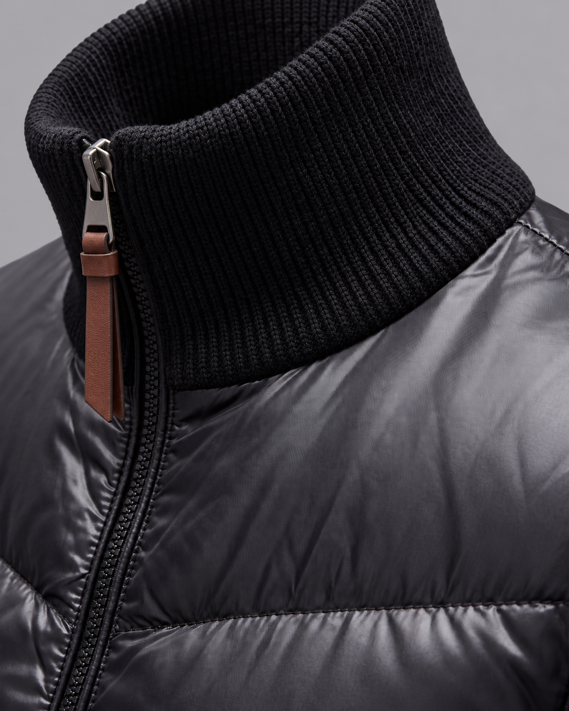 Men's Quilted Jacket - Hybrid Knit Sleeves Stand Collar Full Zip