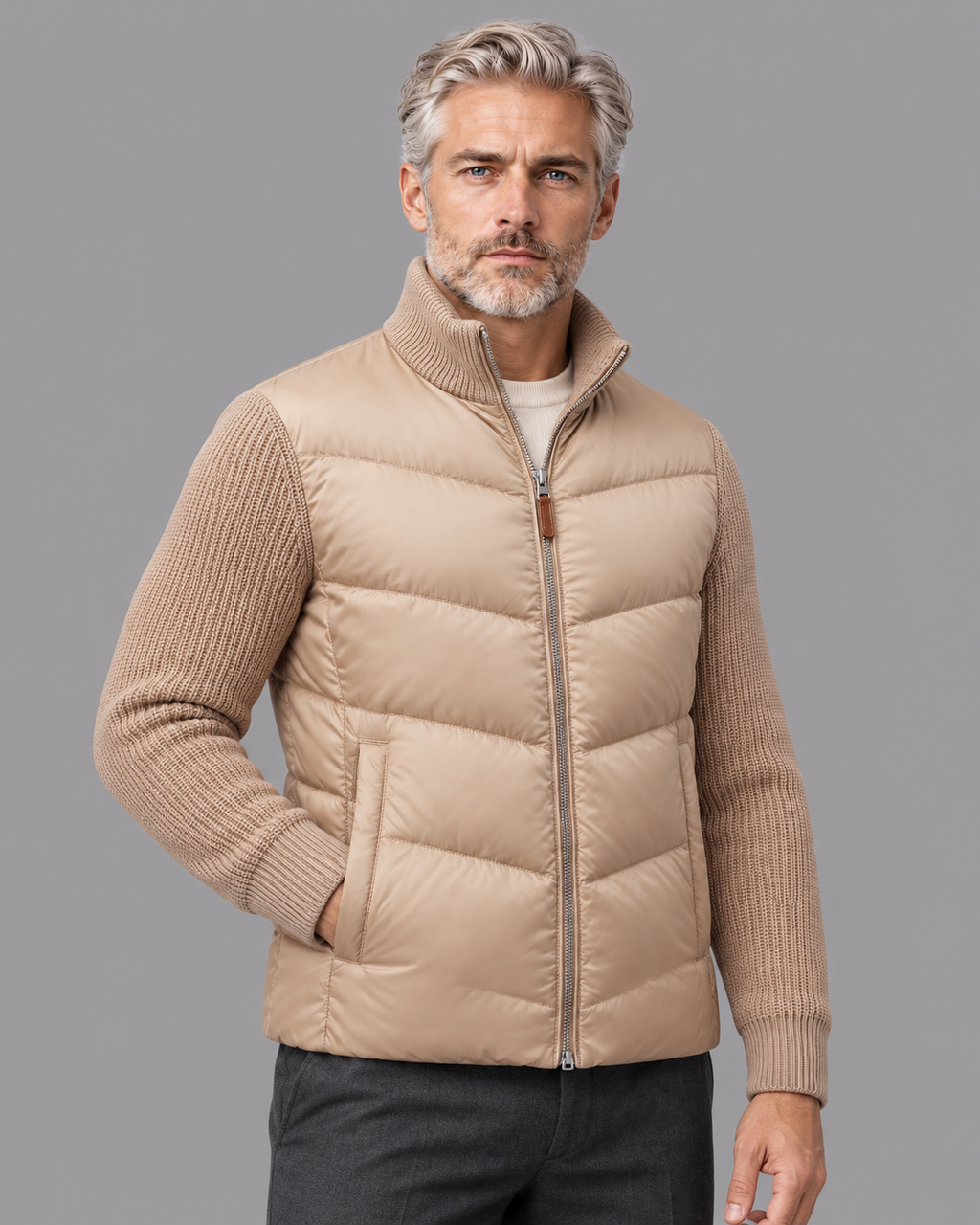 Men's Quilted Jacket - Hybrid Knit Sleeves Stand Collar Full Zip