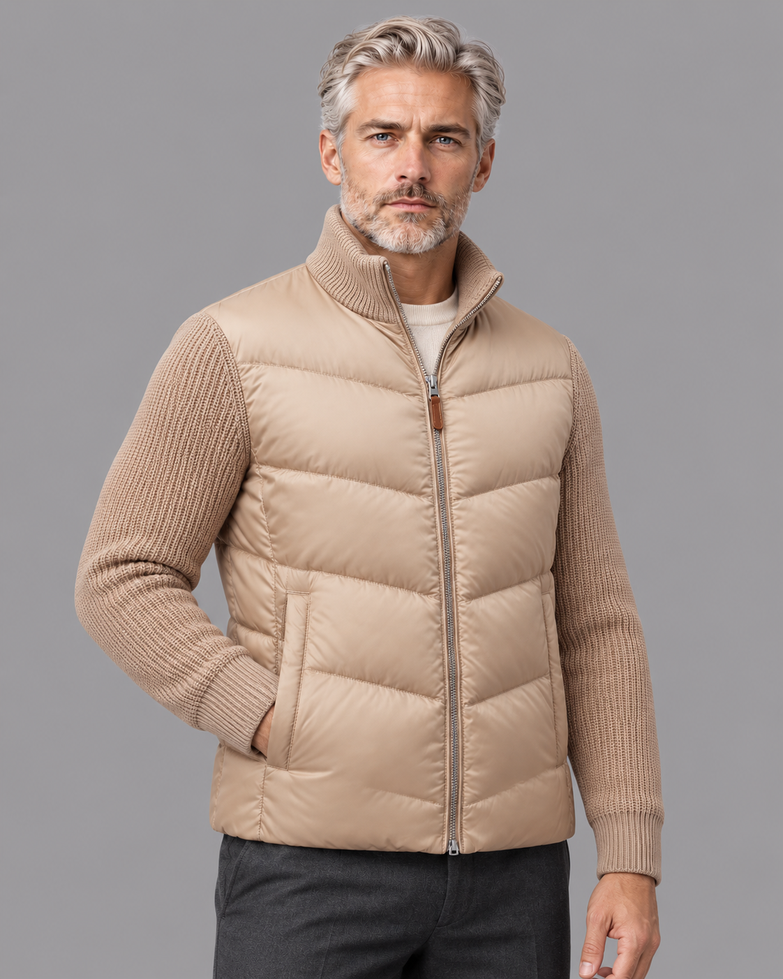 Men's Quilted Jacket - Hybrid Knit Sleeves Stand Collar Full Zip