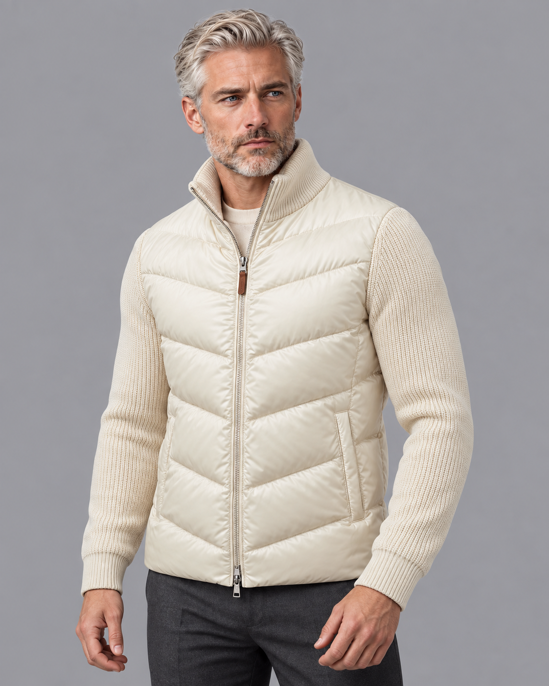 Men's Quilted Jacket - Hybrid Knit Sleeves Stand Collar Full Zip