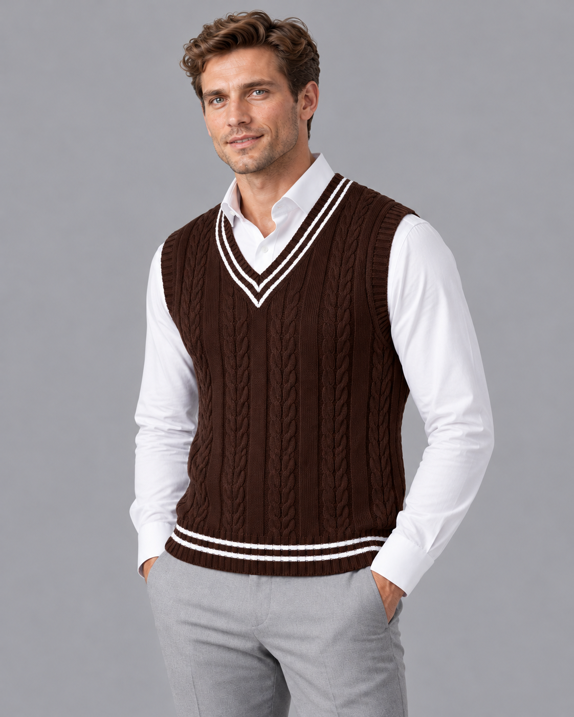 Men's Sleeveless Jumper - Cable Knit V Neck Contrast Trim Sweater Vest