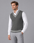 Men's Sleeveless Jumper - Cable Knit V Neck Contrast Trim Sweater Vest