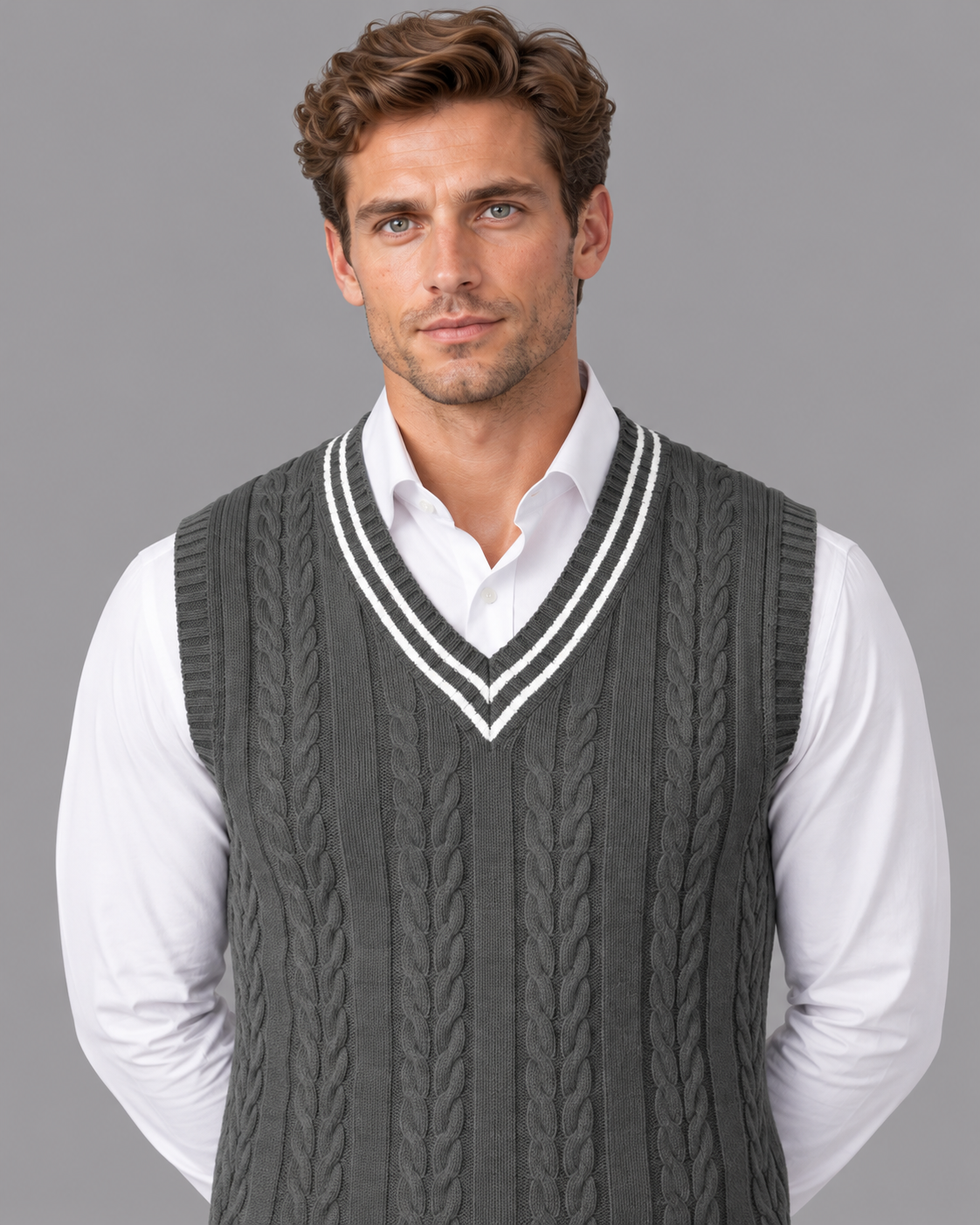 Men's Sleeveless Jumper - Cable Knit V Neck Contrast Trim Sweater Vest