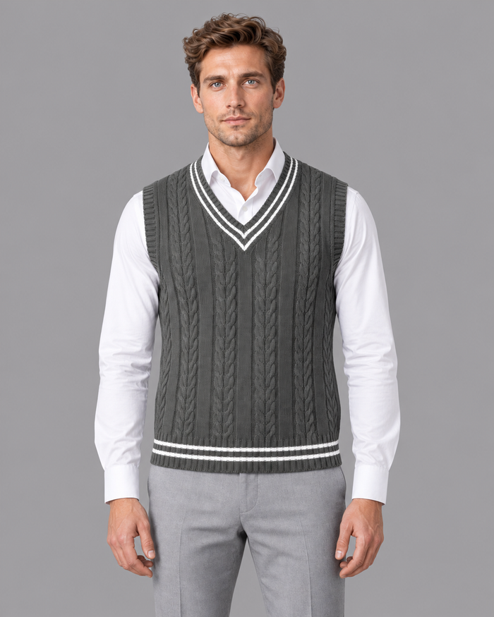 Men's Sleeveless Jumper - Cable Knit V Neck Contrast Trim Sweater Vest