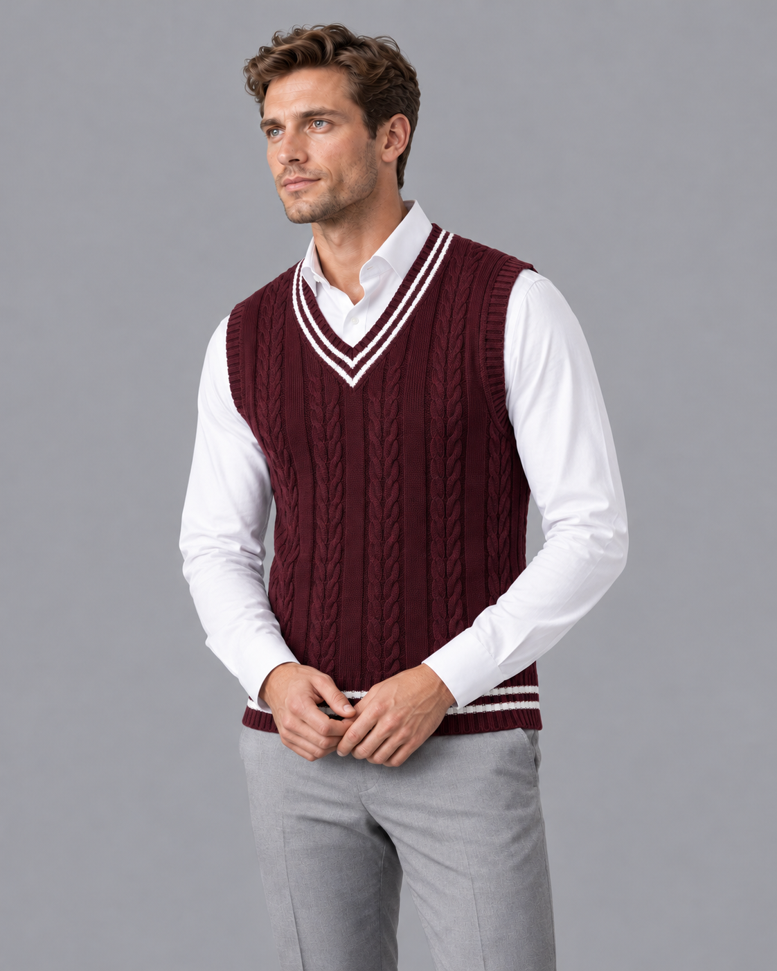 Men's Sleeveless Jumper - Cable Knit V Neck Contrast Trim Sweater Vest