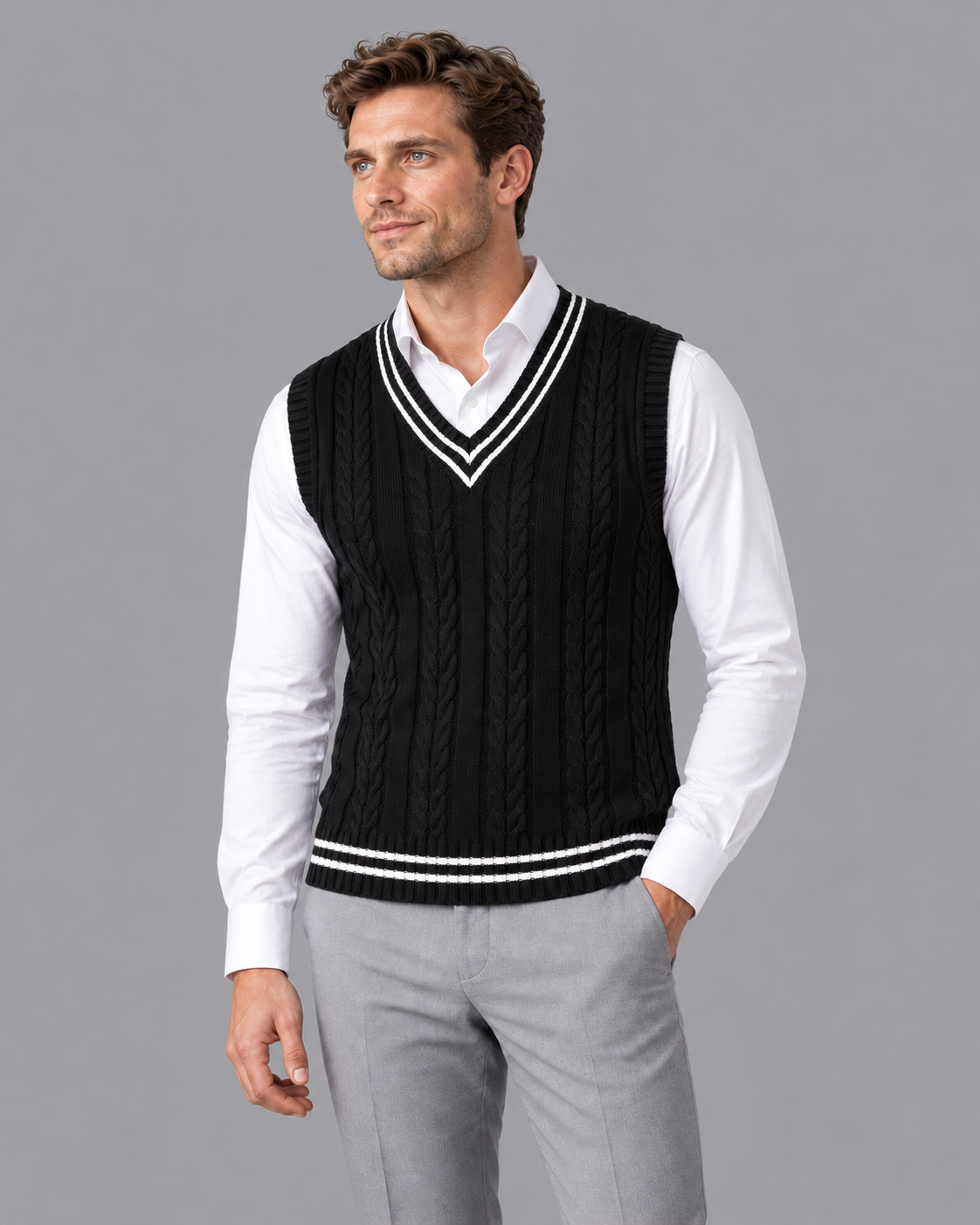 Men's Sleeveless Jumper - Cable Knit V Neck Contrast Trim Sweater Vest