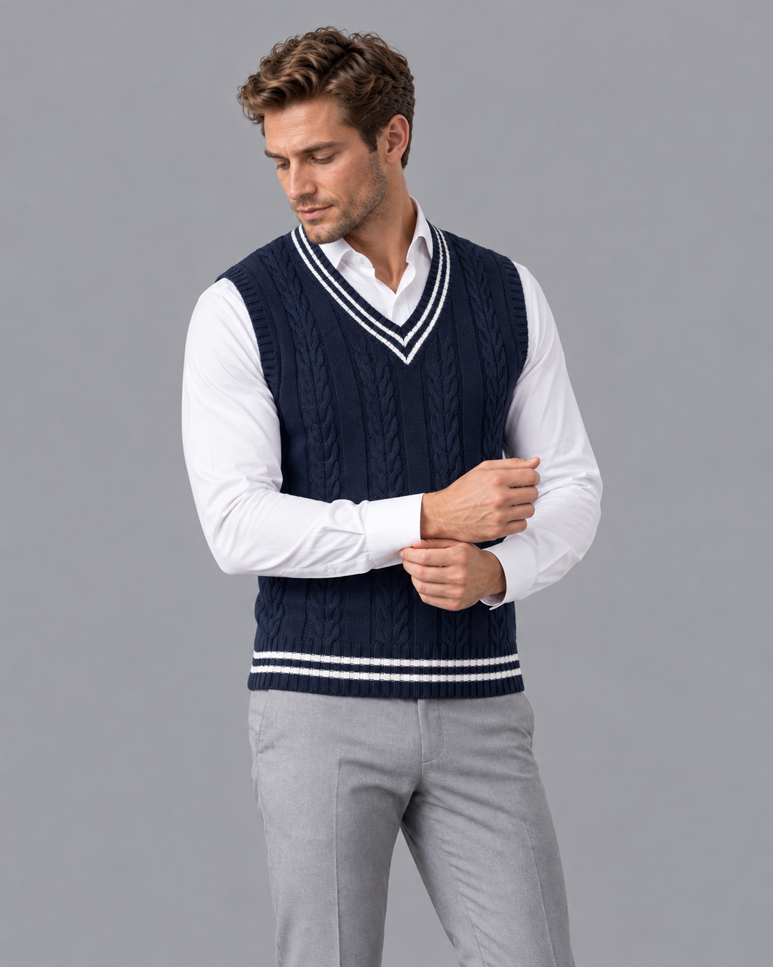 Men's Sleeveless Jumper - Cable Knit V Neck Contrast Trim Sweater Vest