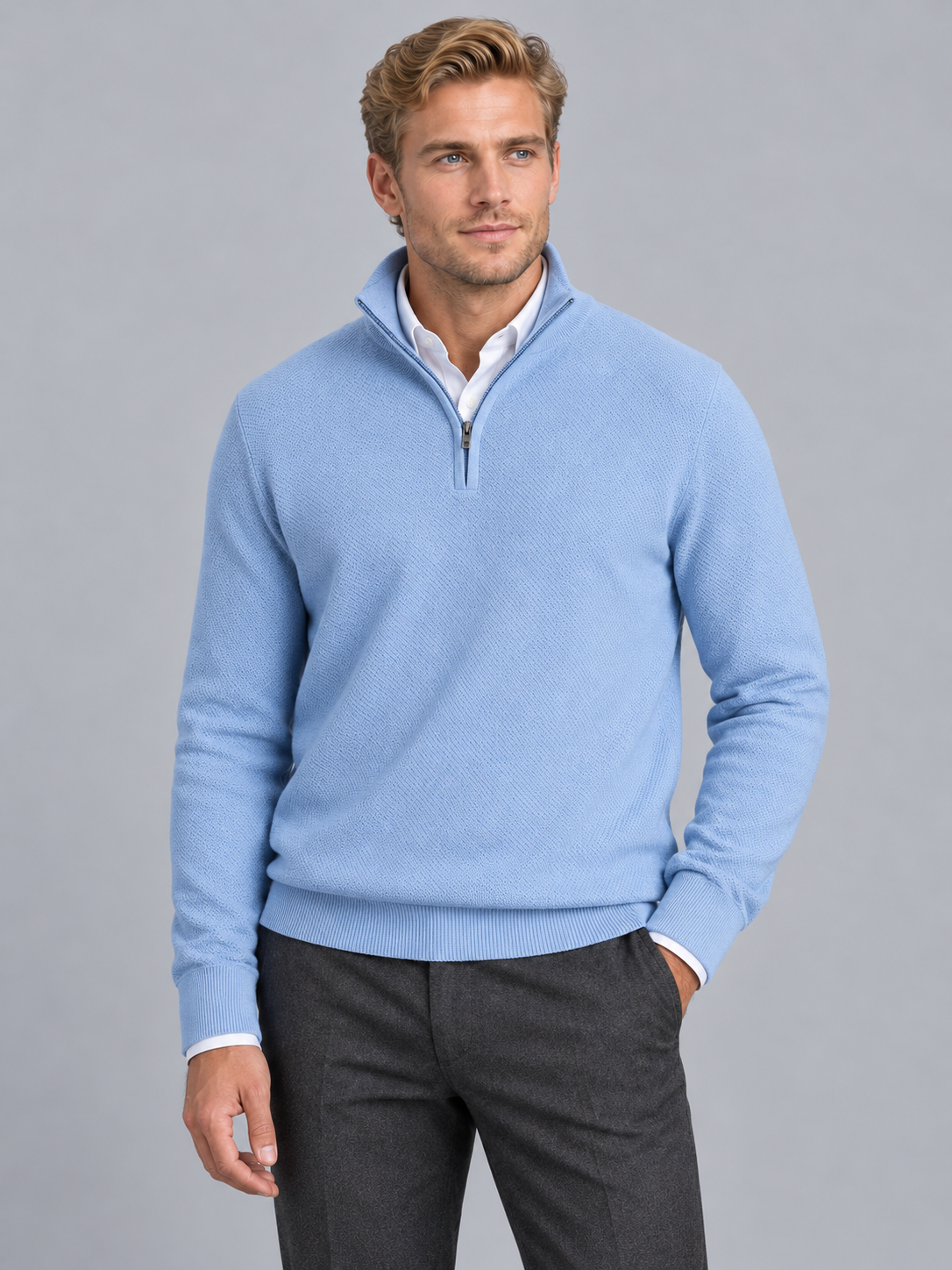 Men's Quarter Zip Jumper - Textured Knit Stand Collar Pullover