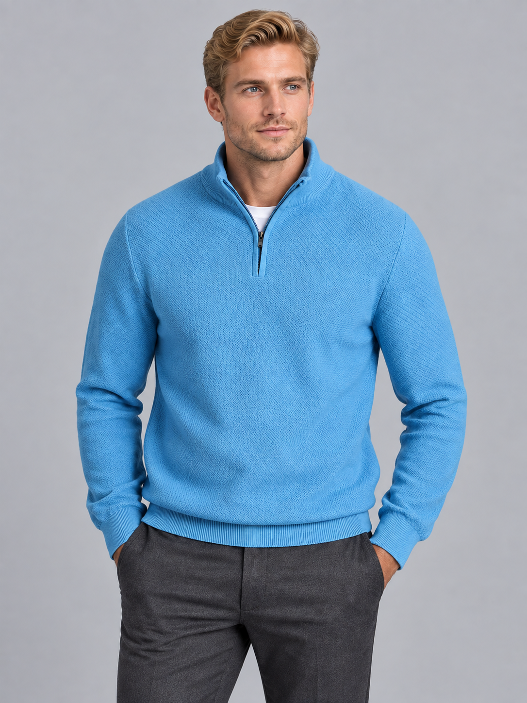 Men's Quarter Zip Jumper - Textured Knit Stand Collar Pullover