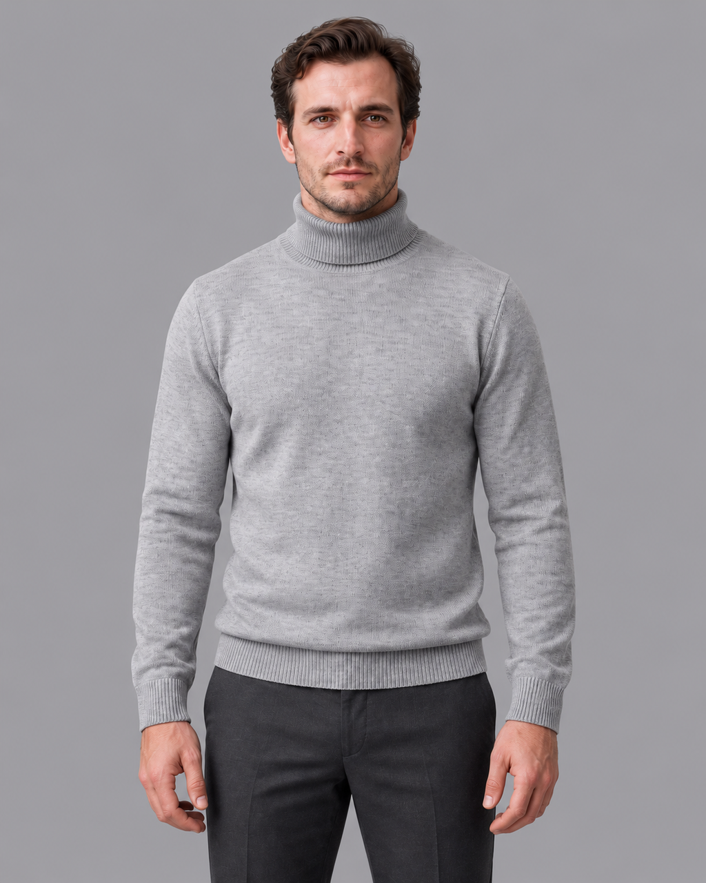Men's Turtleneck Jumper - Fine Knit Ribbed Roll Neck Regular Fit