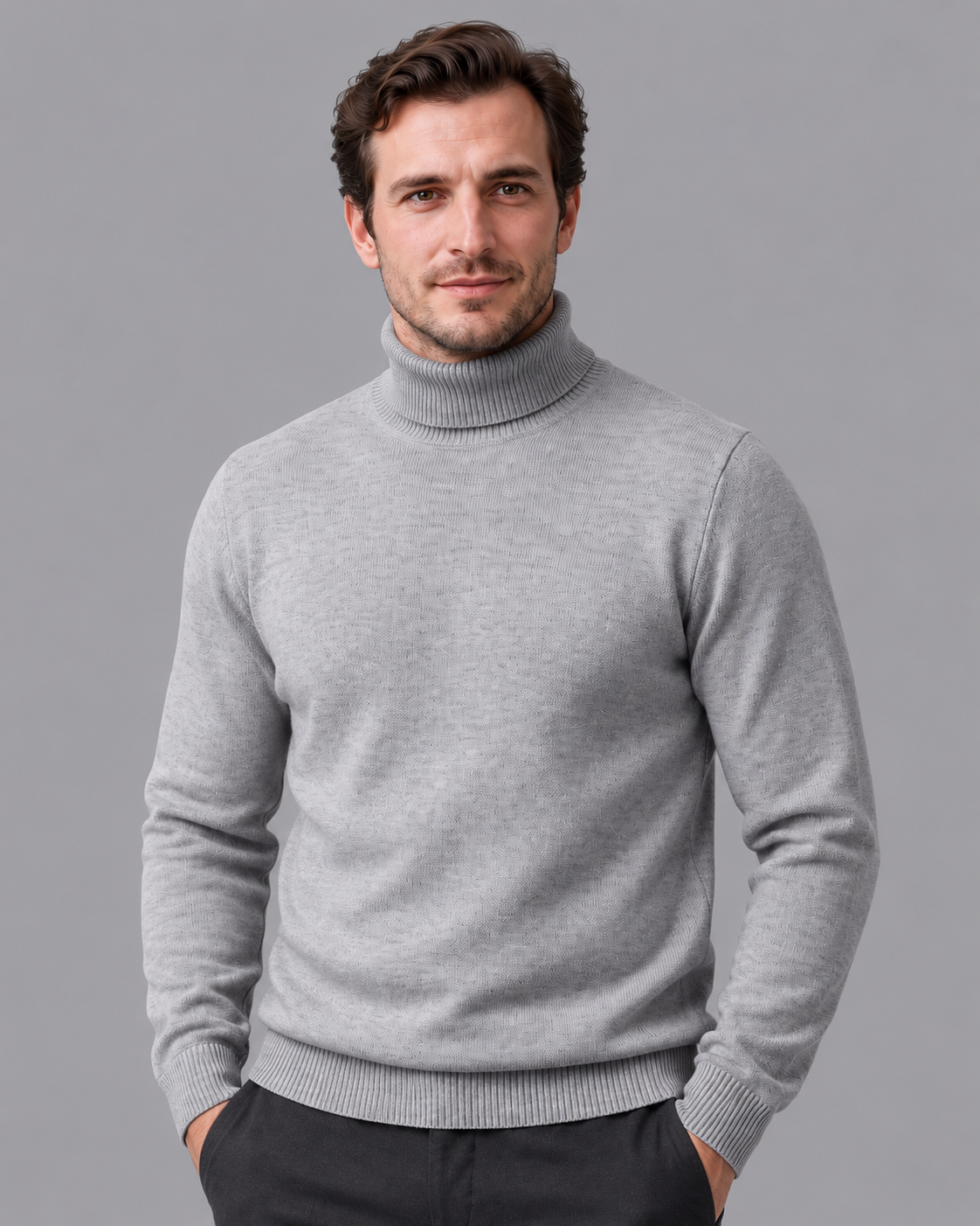 Men's Turtleneck Jumper - Fine Knit Ribbed Roll Neck Regular Fit