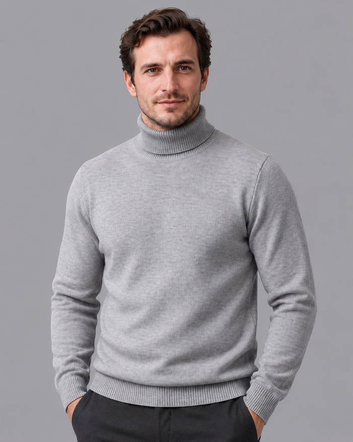 Men's Turtleneck Jumper - Fine Knit Ribbed Roll Neck Regular Fit