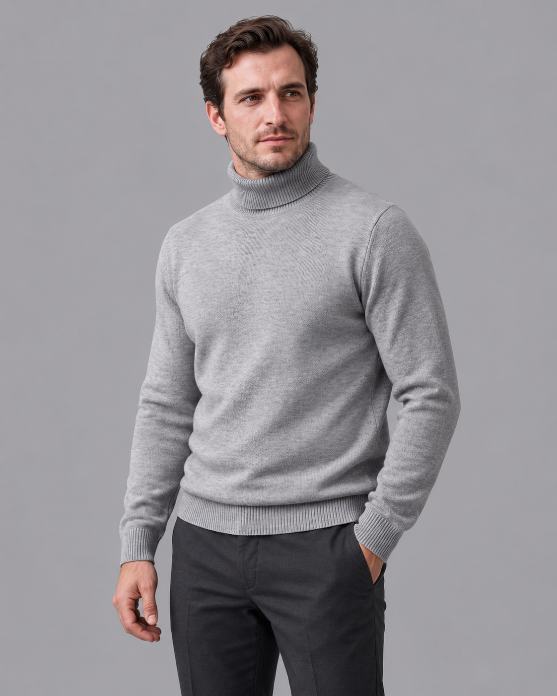 Men's Turtleneck Jumper - Fine Knit Ribbed Roll Neck Regular Fit