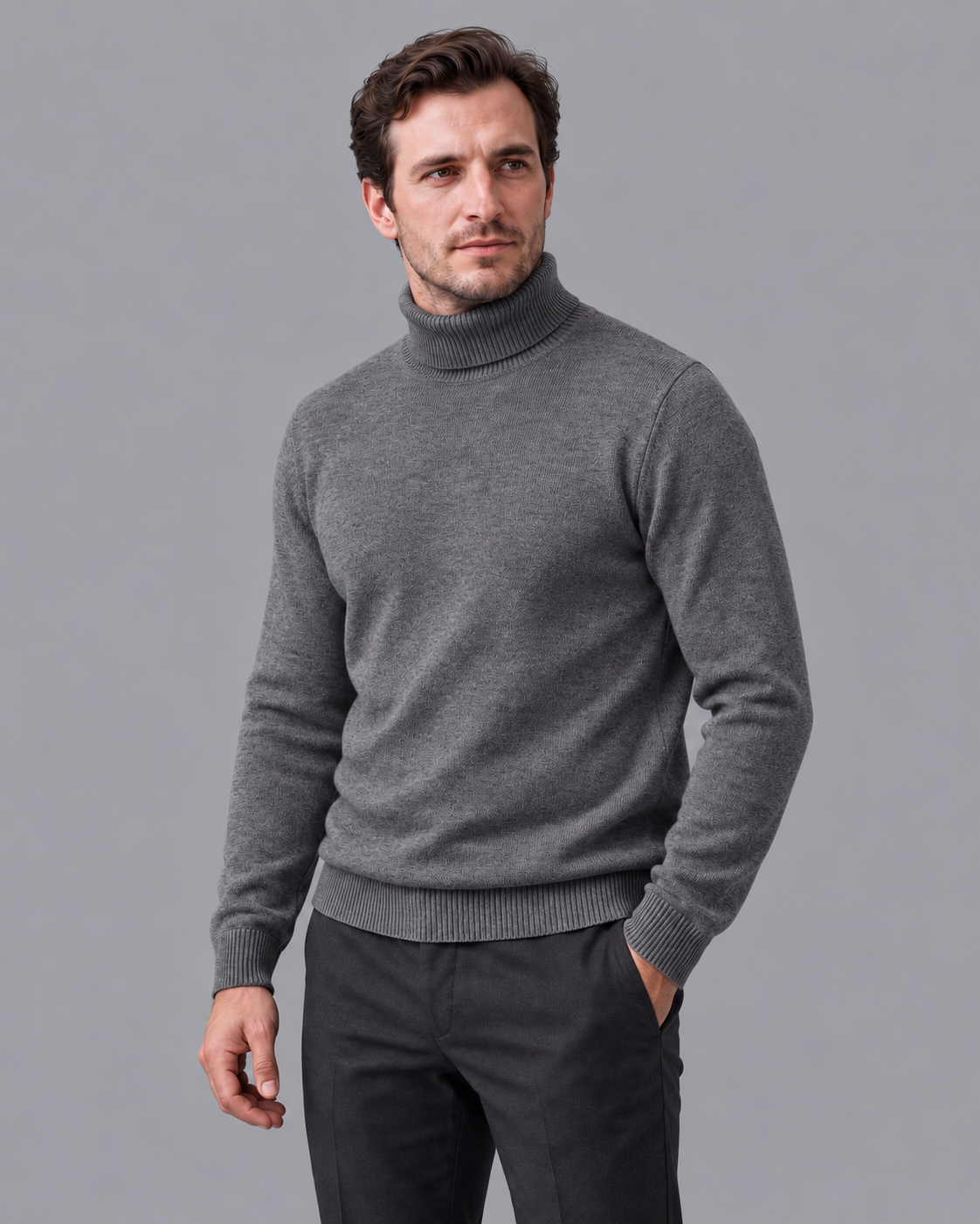 Men's Turtleneck Jumper - Fine Knit Ribbed Roll Neck Regular Fit