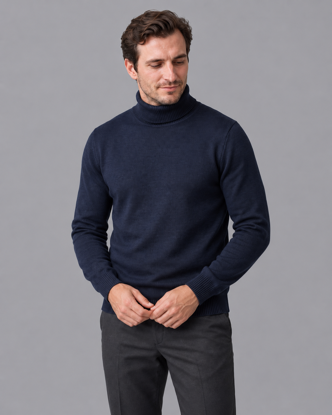 Men's Turtleneck Jumper - Fine Knit Ribbed Roll Neck Regular Fit