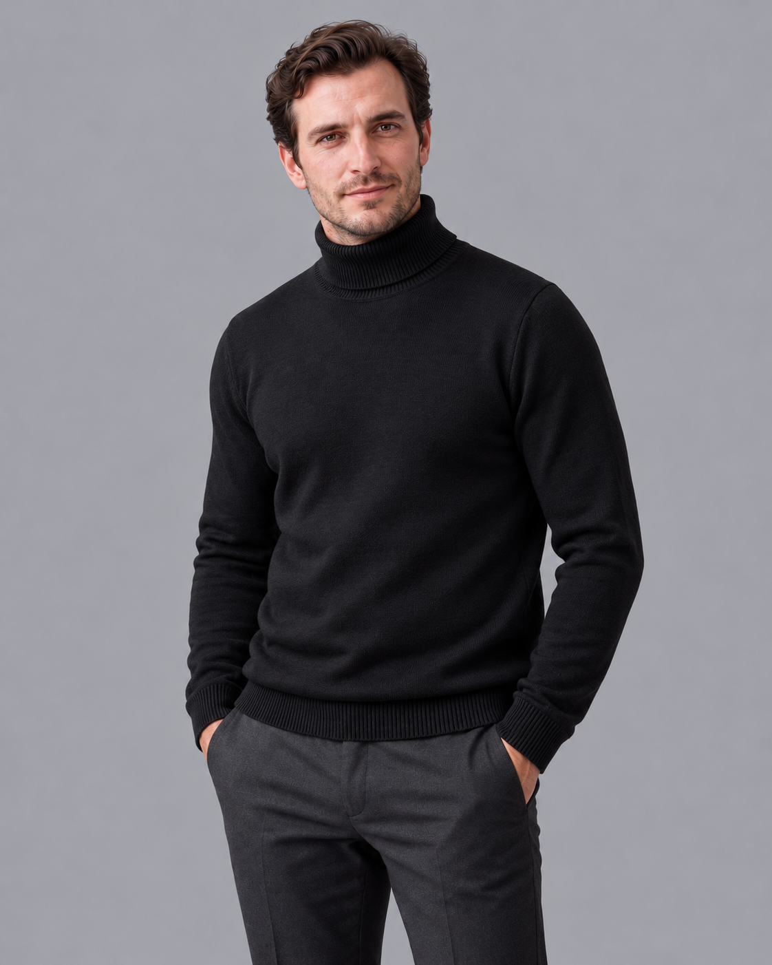 Men's Turtleneck Jumper - Fine Knit Ribbed Roll Neck Regular Fit
