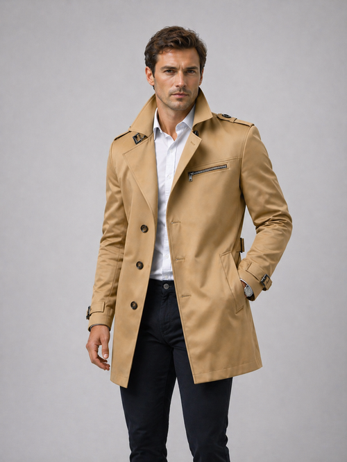 Men's Belted Trench Coat Classic Tailored Style - detail view