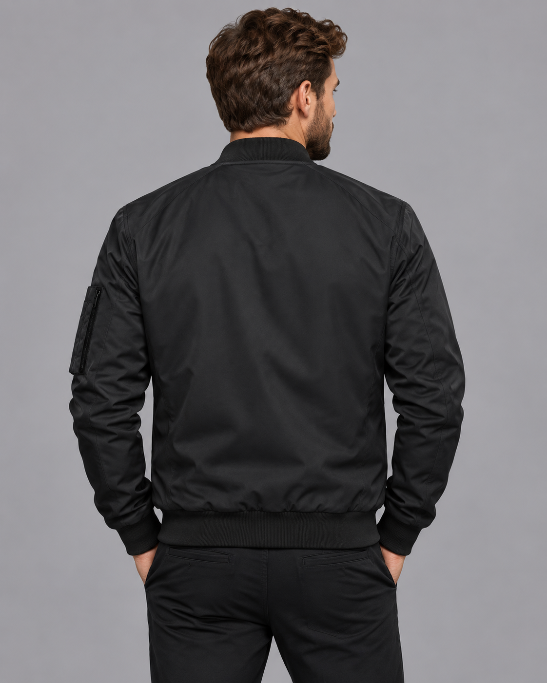 Men's Bomber Jacket - Classic Insulated Regular Fit Winter Layer - Black - back view