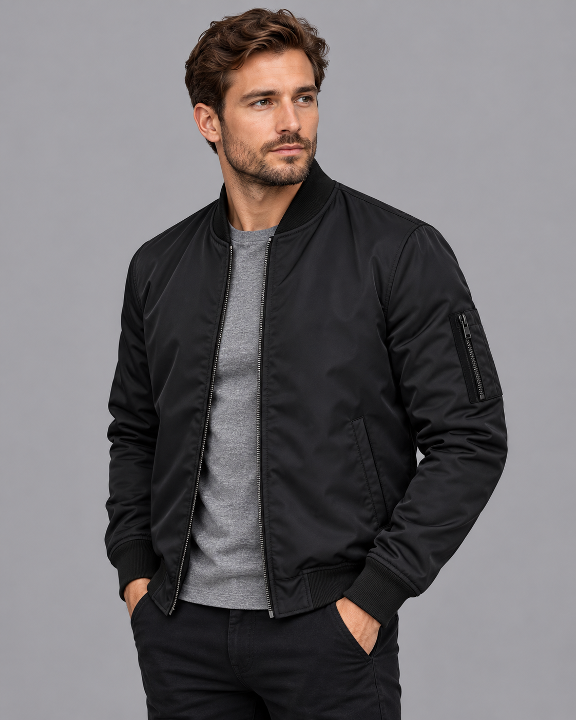 Men's Bomber Jacket - Classic Insulated Regular Fit Winter Layer - Black - three-quarter view