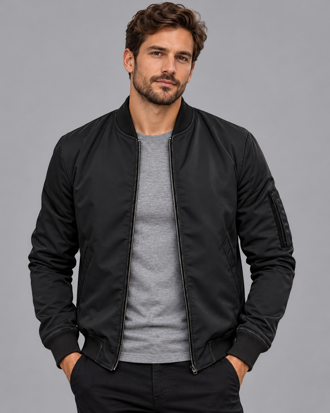 Men's Bomber Jacket - Classic Insulated Regular Fit Winter Layer - Black - front close-up