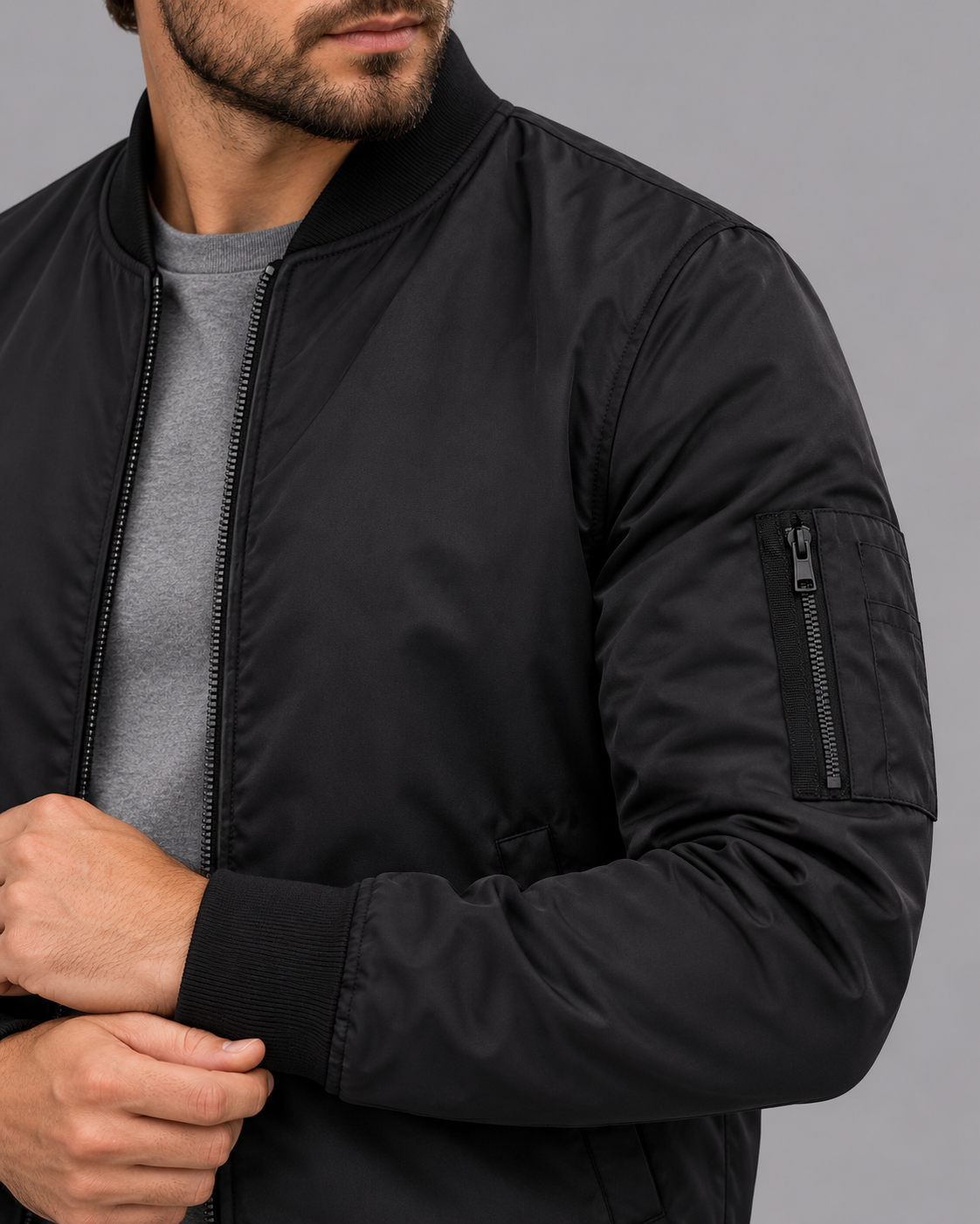 Men's Bomber Jacket - Classic Insulated Regular Fit Winter Layer - Black - sleeve detail