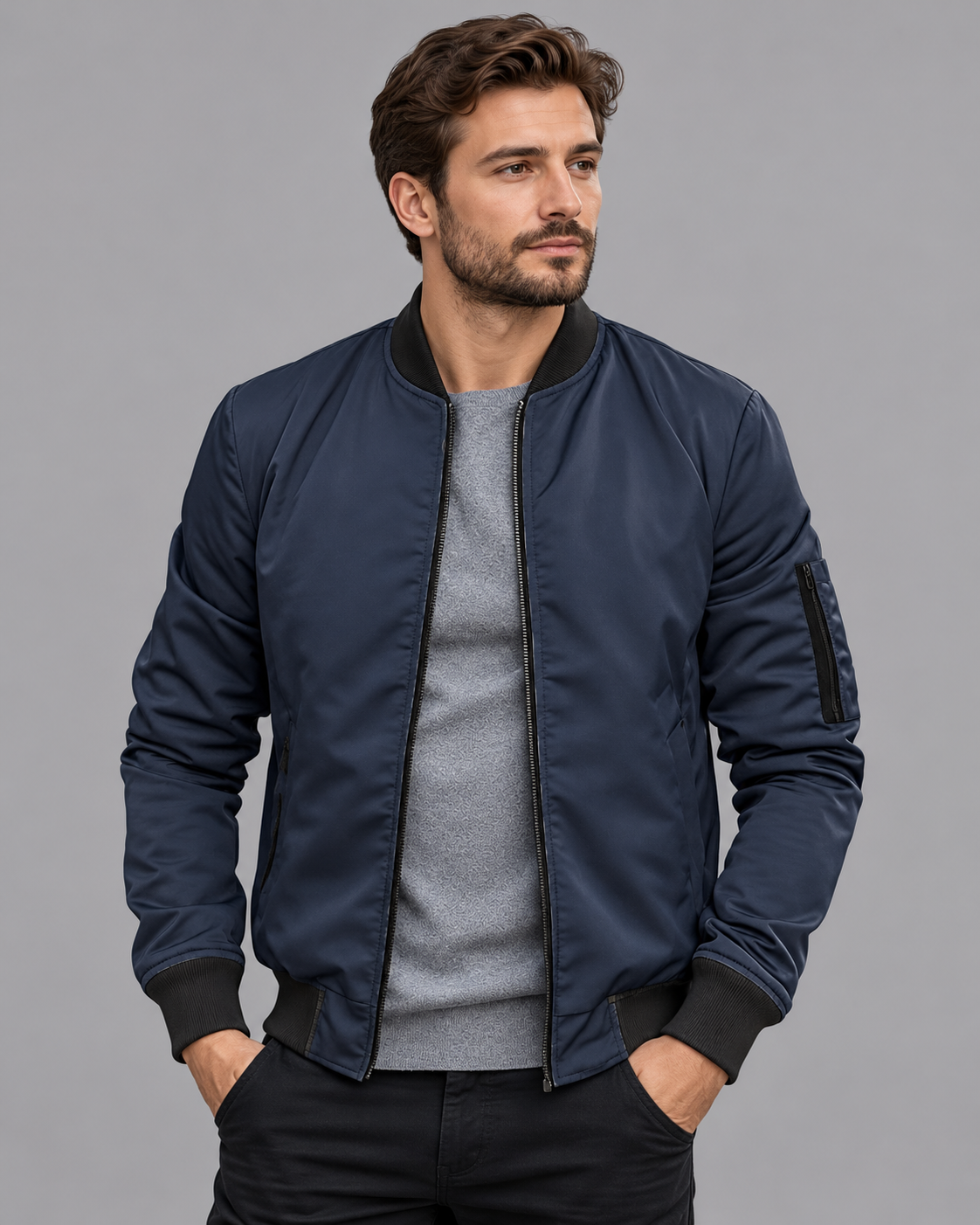 Men's Bomber Jacket - Classic Insulated Regular Fit Winter Layer - Dark Blue - front view