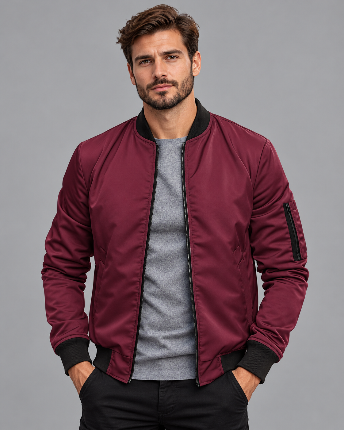 Men's Bomber Jacket - Classic Insulated Regular Fit Winter Layer - Burgundy - front view