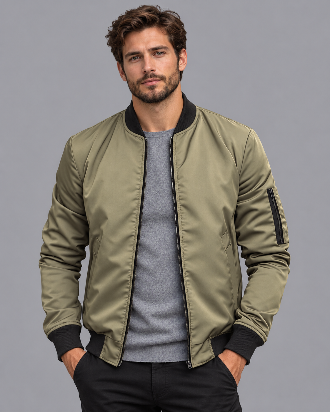 Men's Bomber Jacket - Classic Insulated Regular Fit Winter Layer - Khaki - front view