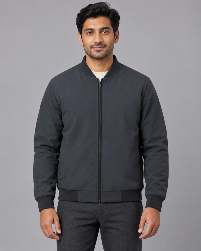 Men's Bomber Jacket - Fleece Lined Stand Collar Full Zip Winter Jacket - Dark Grey - front view