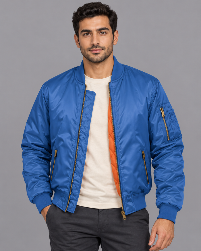 Men's Bomber Jacket - Lined Sleeve Pocket Ribbed Cuffs Wind Resistant - Blue - front view