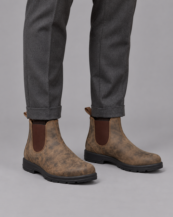 Men's Chelsea Boots - Leather Slip On Elastic Side Panel Round Toe - Brown - front view