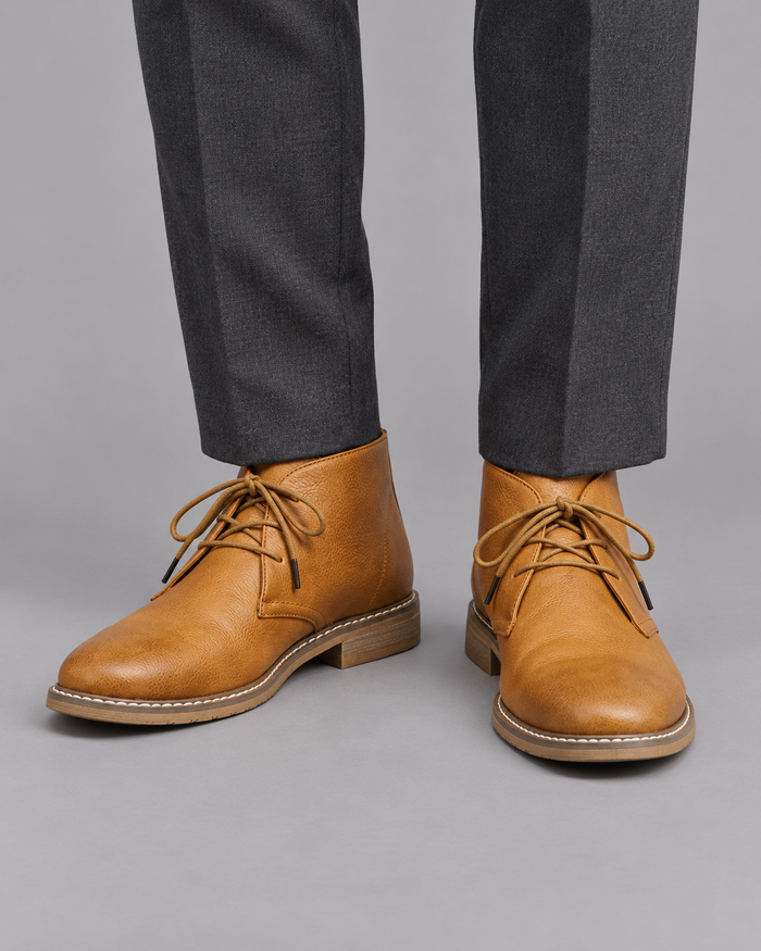 Men's Chukka Boots - Lace Up Reinforced Stitching Non Slip Rubber Sole - Brown - front view