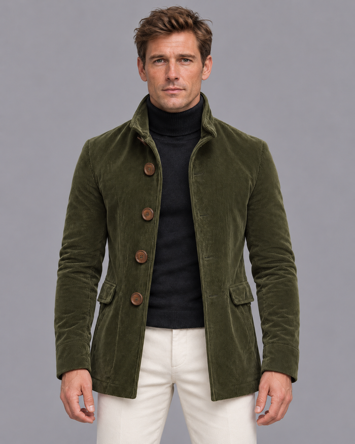 Men's Corduroy Jacket - Stand Collar Slim Fit Single Breasted Coat - Olive - front view